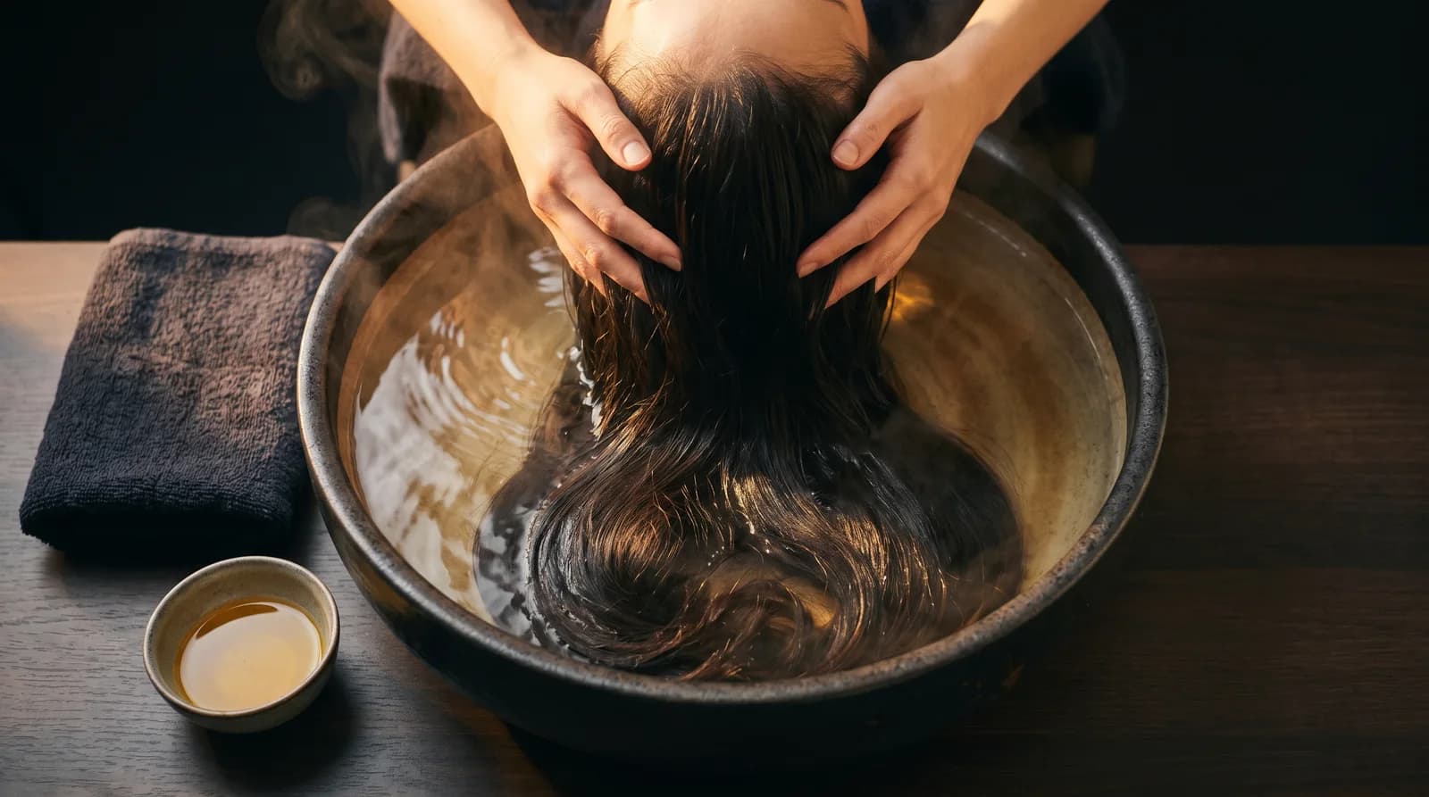 Klientka leží na lehátku během Head Spa, terapeutka jí masíruje pokožku hlavy